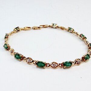 Vintage 14K Gold Emerald Diamond Link Bracelet Classic Design 7.25" 5.4g JR1298